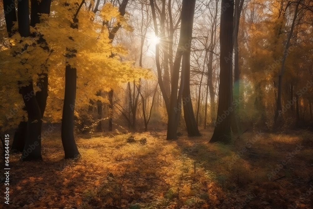 Deciduous leafy trees in forest with golden sunlight atmosphere generative ai