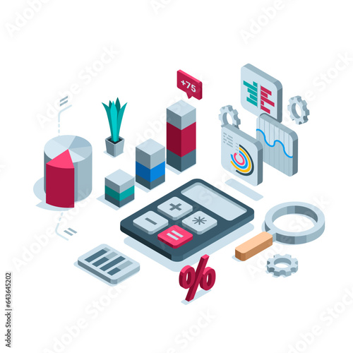 isometric concept on the topic of work with one hundred statistical data in the financial sector in color on a white background, analysis and accounting