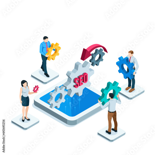isometric concept business people with gears on platform in color on white background, seo development team or collaborative project