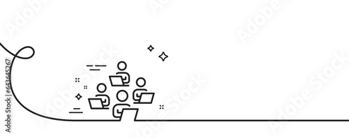 Teamwork line icon. Continuous one line with curl. Remote office sign. Team employees symbol. Teamwork single outline ribbon. Loop curve pattern. Vector