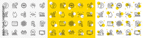 Outline Microscope, Statistics timer and Seo stats line icons pack for web with No vaccine, Coronavirus, Stress line icon. Calendar, Faq, Empower pictogram icon. Monitor, Tips, Question mark. Vector