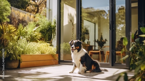 Dog on green courtyard with stylish garden in contemporary house © leszekglasner