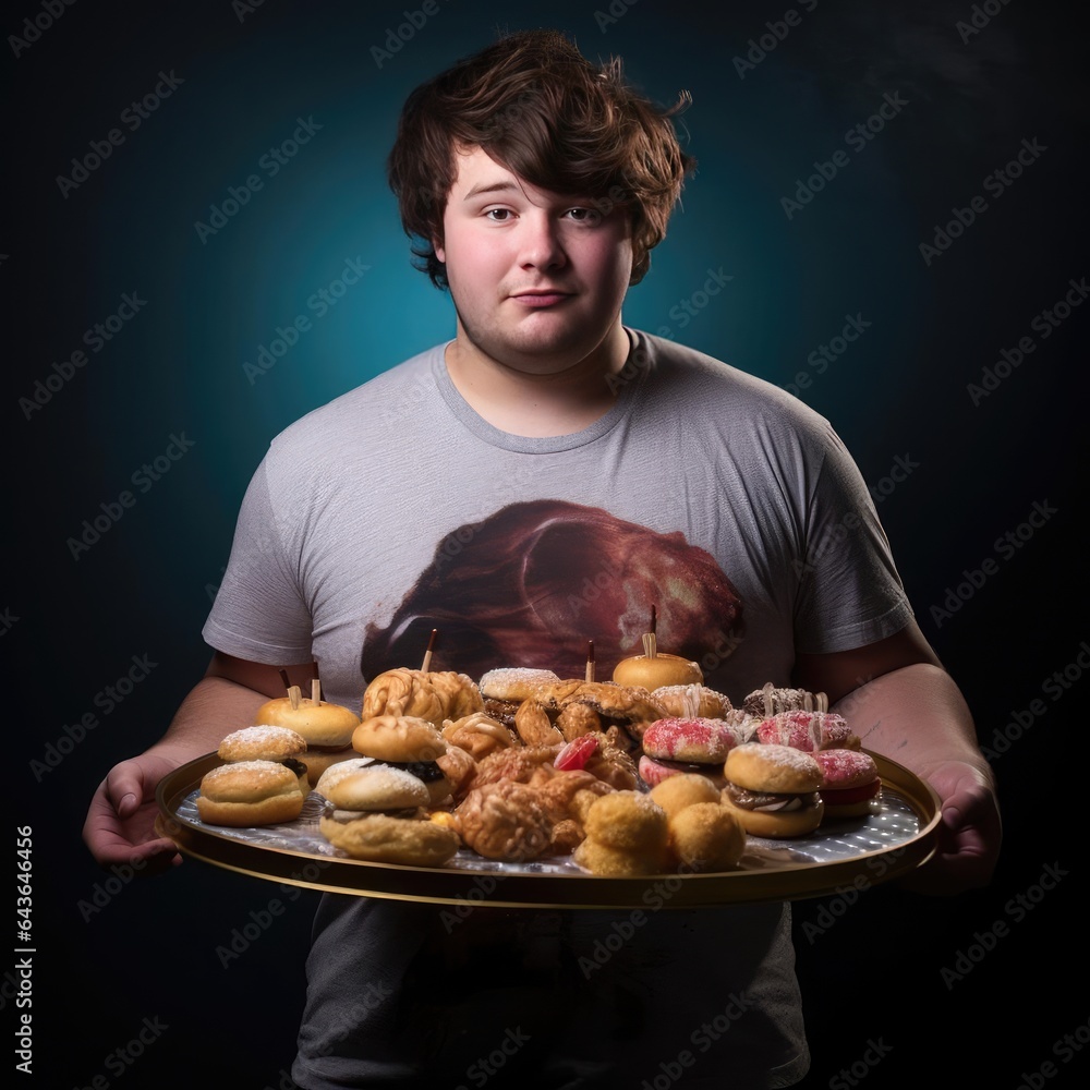 Young fat man holding a tray of junk food