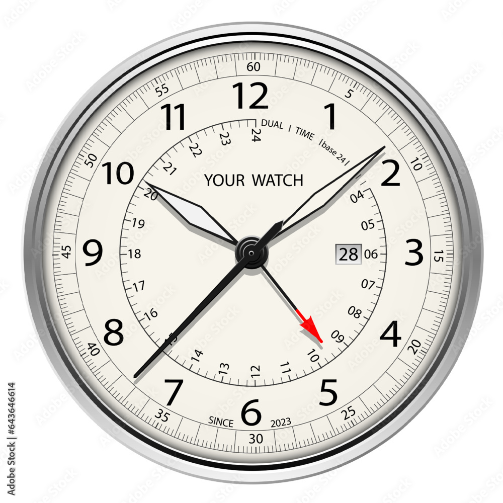 Realistic watch clock chronograph silver face dashboard black on white design classic luxury vector Realistic watch clock chronograph silver face dashboard black on white design classic luxury vector