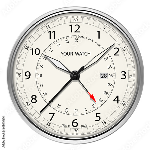 Realistic watch clock chronograph silver face dashboard black on white design classic luxury vector