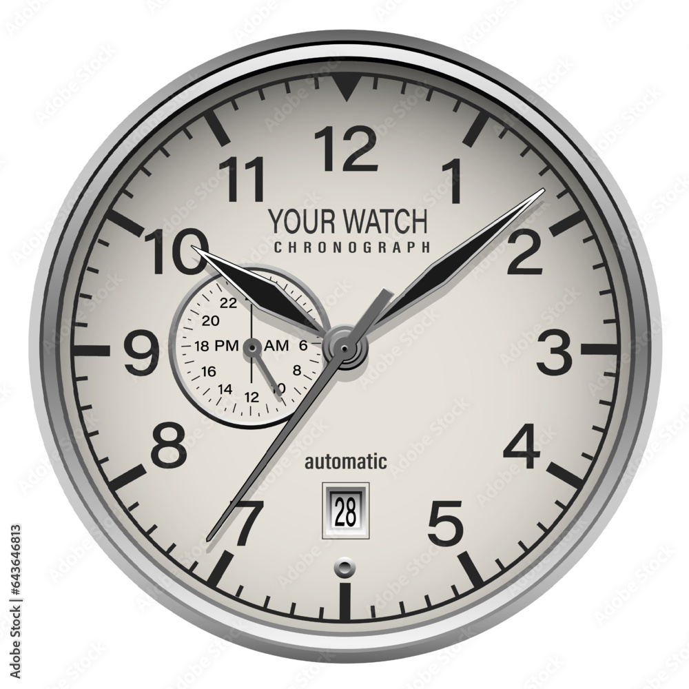 Realistic watch clock chronograph silver face dashboard black on white design classic luxury vector Realistic watch clock chronograph silver face dashboard black on white design classic luxury vector
