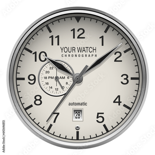 Realistic watch clock chronograph silver face dashboard black on white design classic luxury vector
