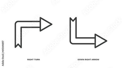 set of user interface thin line icons. user interface outline icons included right turn, down right arrow vector.