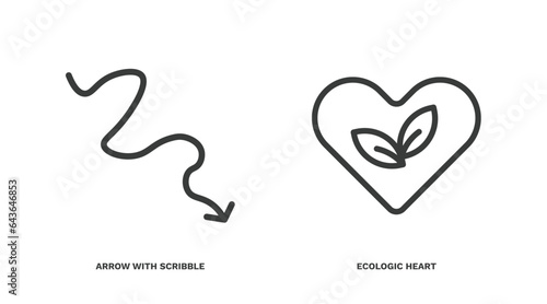 set of user interface thin line icons. user interface outline icons included arrow with scribble, ecologic heart vector.