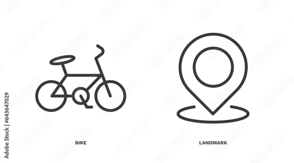 set of travel and trip thin line icons. travel and trip outline icons included bike, landmark vector. set of travel and trip thin line icons. travel and trip outline icons included bike, landmark vector.