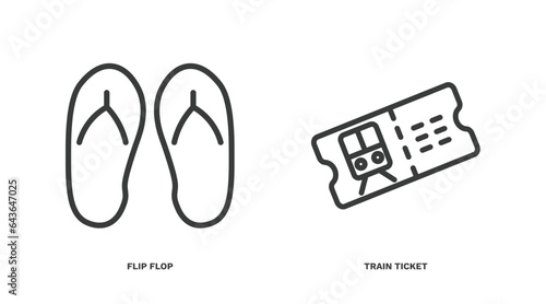 set of travel and trip thin line icons. travel and trip outline icons included flip flop, train ticket vector.