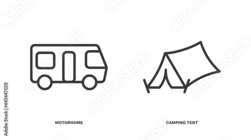 set of travel and trip thin line icons. travel and trip outline icons included motorhome, camping tent vector.