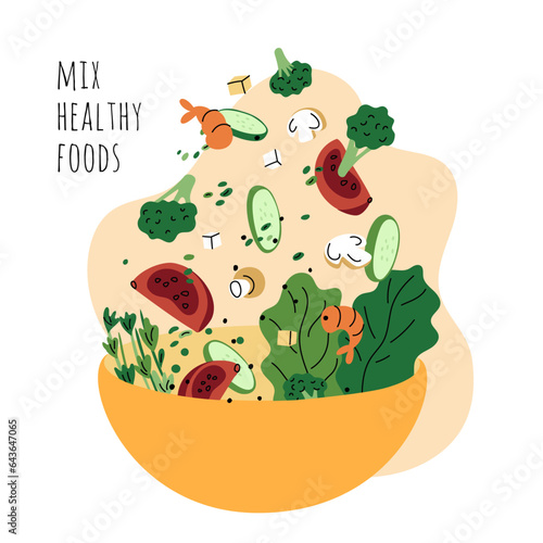Sliced vegetables flying into bowl. Salad ingredients. Cooking process. Raw products mixing. Fresh healthy food. Broccoli pieces and green lettuce falling on plate. Garish vector concept