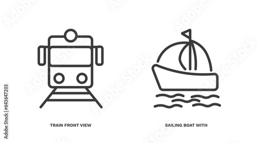 set of transportation thin line icons. transportation outline icons included train front view, sailing boat with veils vector.