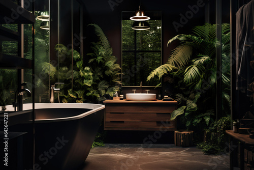 Modern and rustic bathroom design with rainforest and plants decor concept