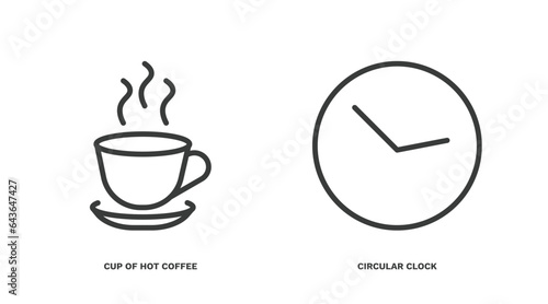 set of tools and utensils thin line icons. tools and utensils outline icons included cup of hot coffee, circular clock vector.