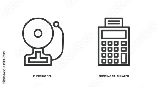 set of tools and utensils thin line icons. tools and utensils outline icons included electric bell, printing calculator vector.