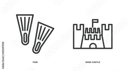 set of summer thin line icons. summer outline icons included fins, sand castle vector.
