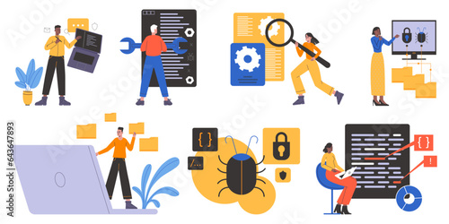 Software testing scenes. Web development process. Programmers check pages and programs for errors. Team searching bugs. Woman looking for failures. Man coding. Developers works vector set