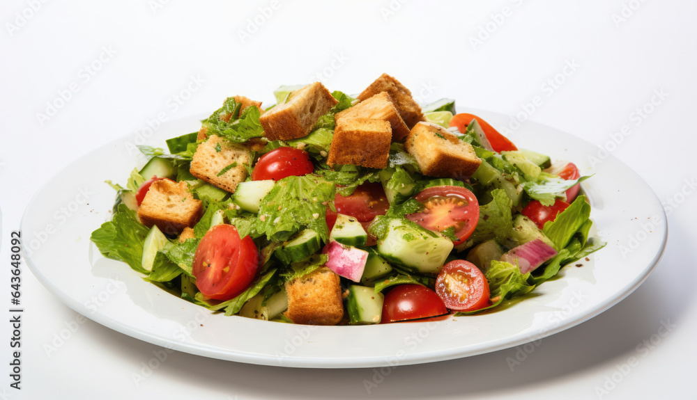Fattoush in a plate, vegan food, salad with pita bread Fattoush in a plate, vegan food, salad with pita bread