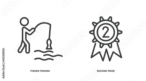 set of sport and games thin line icons. sport and games outline icons included fisher fishing, second prize vector.