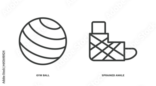 set of sport and games thin line icons. sport and games outline icons included gym ball, sprained ankle vector.