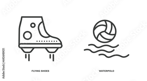 set of sport and games thin line icons. sport and games outline icons included flying shoes, waterpolo vector.