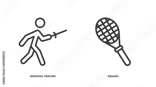 set of sport and games thin line icons. sport and games outline icons included medieval fencing, squash vector.