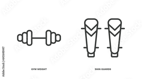 set of sport and game thin line icons. sport and game outline icons included gym weight, shin guards vector.