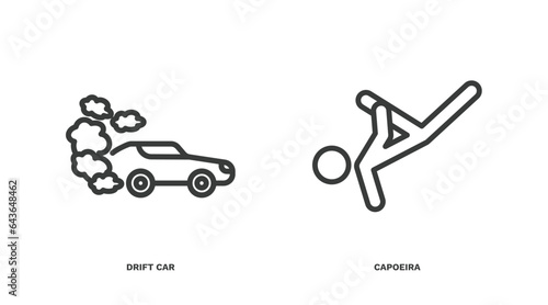 set of sport and game thin line icons. sport and game outline icons included drift car, capoeira vector.