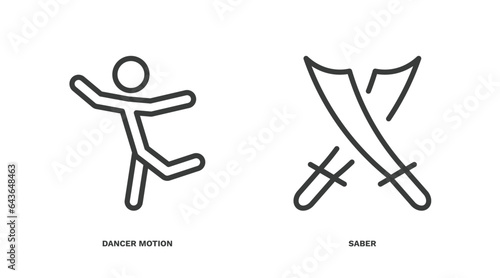 set of sport and games thin line icons. sport and games outline icons included dancer motion, saber vector.