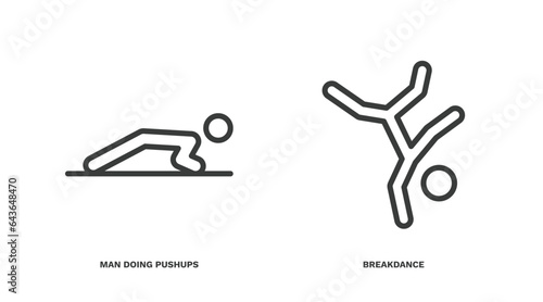 set of sport and games thin line icons. sport and games outline icons included man doing pushups, breakdance vector.