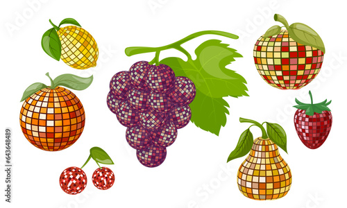 Fruit set. Fruit disco ball. Poster template, invitation, congratulations. Vector illustration