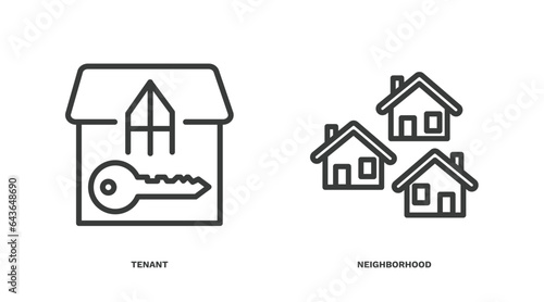 set of real estate industry thin line icons. real estate industry outline icons included tenant, neighborhood vector.