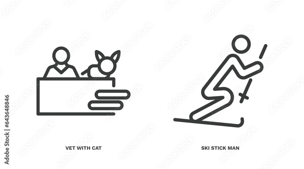 set of people thin line icons. people outline icons included vet with cat, ski stick man vector.