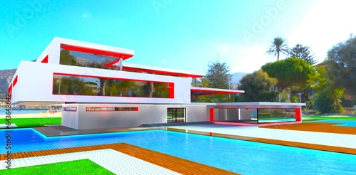 Elite contemporary villa with large swimming pool located on the tropical island on the ocean beach. 3d rendering.