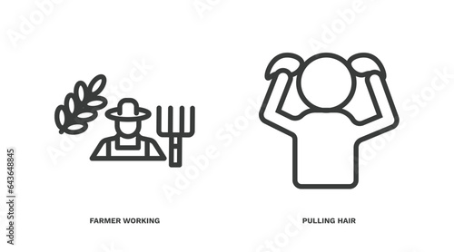 set of people thin line icons. people outline icons included farmer working, pulling hair vector.
