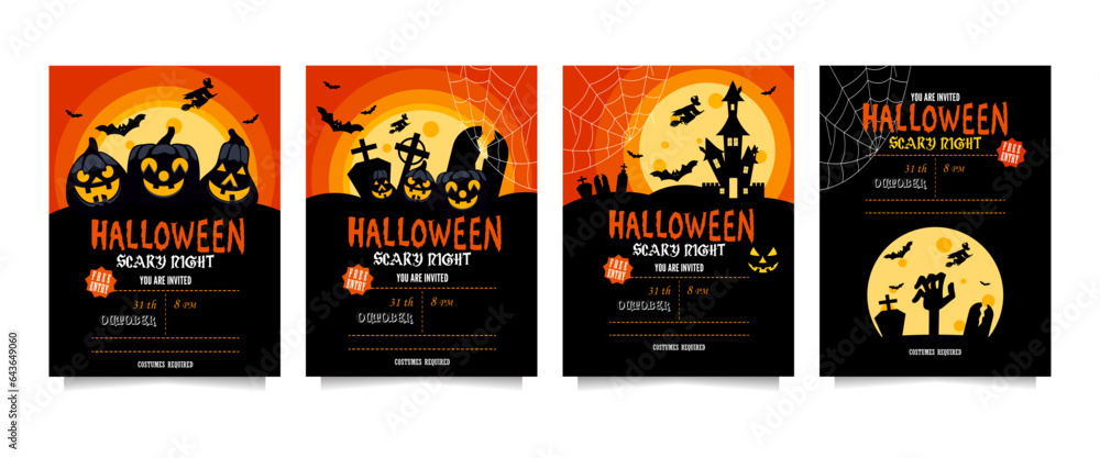 Halloween party invitations or greeting cards set with handwritten text, pumpkins, witches, graves and bats