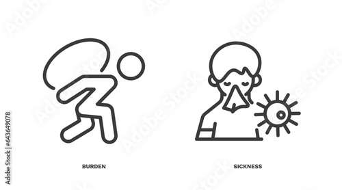 set of people and relation thin line icons. people and relation outline icons included burden, sickness vector.