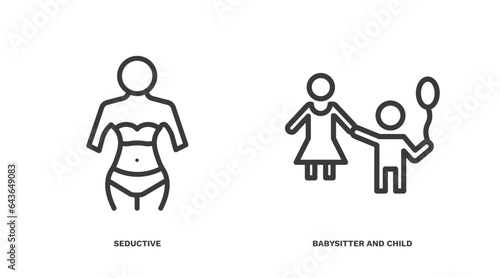 set of people and relation thin line icons. people and relation outline icons included seductive, babysitter and child vector.