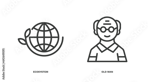 set of people and relation thin line icons. people and relation outline icons included ecosystem, old man vector.