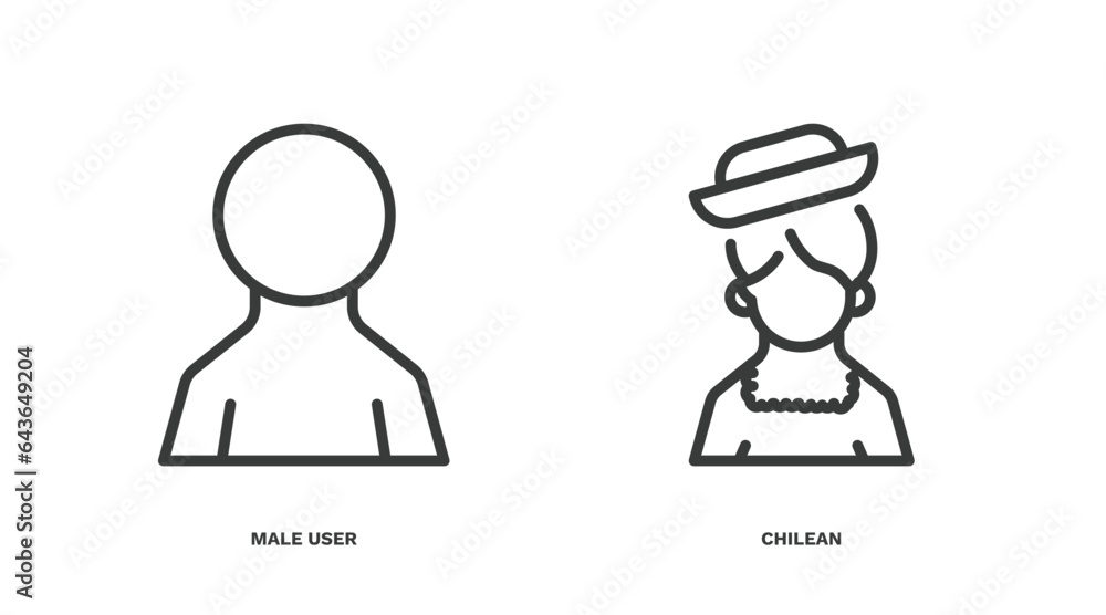 set of people and relation thin line icons. people and relation outline icons included male user, chilean vector.