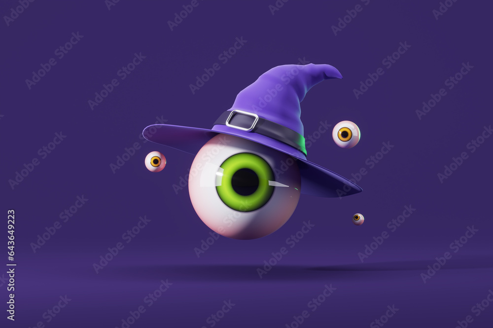 Fototapeta premium Green eye in halloween witch hat on purple background. 3d rendering.