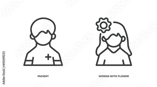 set of people and relation thin line icons. people and relation outline icons included pacient, woman with flower vector.