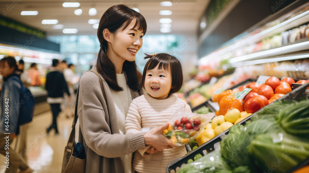 Naklejka premium Mom and her child picking out groceries at the supermarket