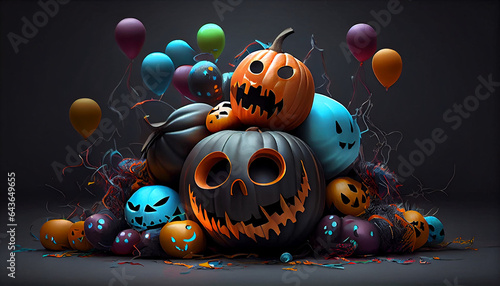 Decoracao de baloes com aboboras feliz dia das bruxas, decorativos para festa de halloween dia dos mortos, Ai generated image photo