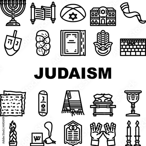 judaism religion jewish icons set vector. jew israel, synagogue hanukkah, star hanuka, people, israeli hebrew, holocaust judaism religion jewish black contour illustrations
