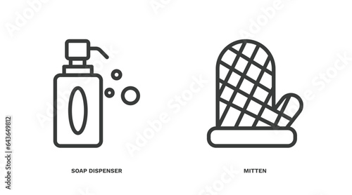 set of kitchen thin line icons. kitchen outline icons included soap dispenser, mitten vector.