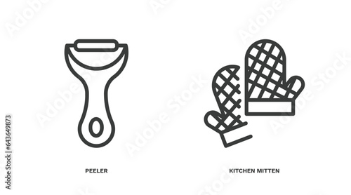 set of kitchen thin line icons. kitchen outline icons included peeler, kitchen mitten vector.