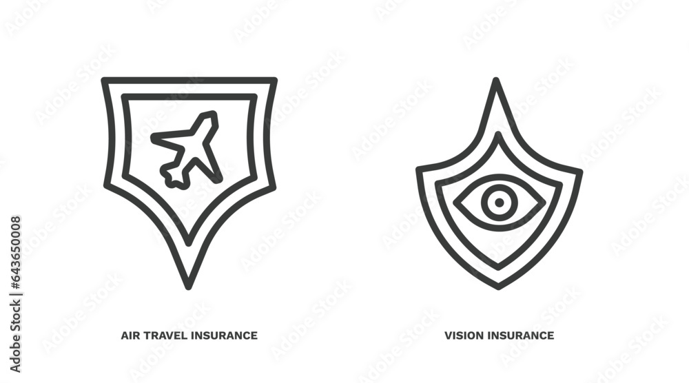 set of insurance and coverage thin line icons. insurance and coverage outline icons included air travel insurance, vision vector.